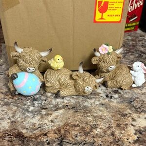 Hobby Lobby Tan Highland Cow Easter Figurine Set with Pastel Accents